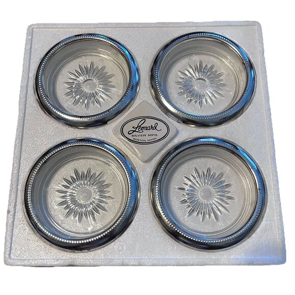 Vtg Leonard Silver Mfg Italy Crystal Glass & Silverplate Coasters Set of 4 NIB - Picture 1 of 13
